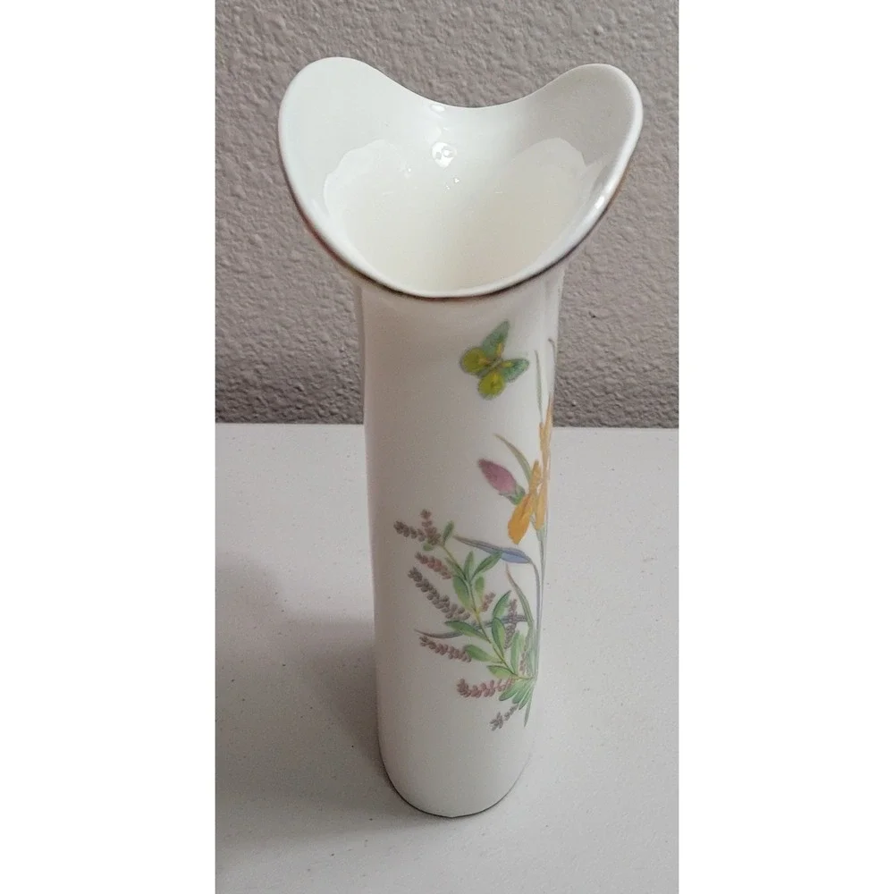 Floral Butterfly Ceramic Vase Flared Gold Rim White Iris Botanical Decor 6.5in